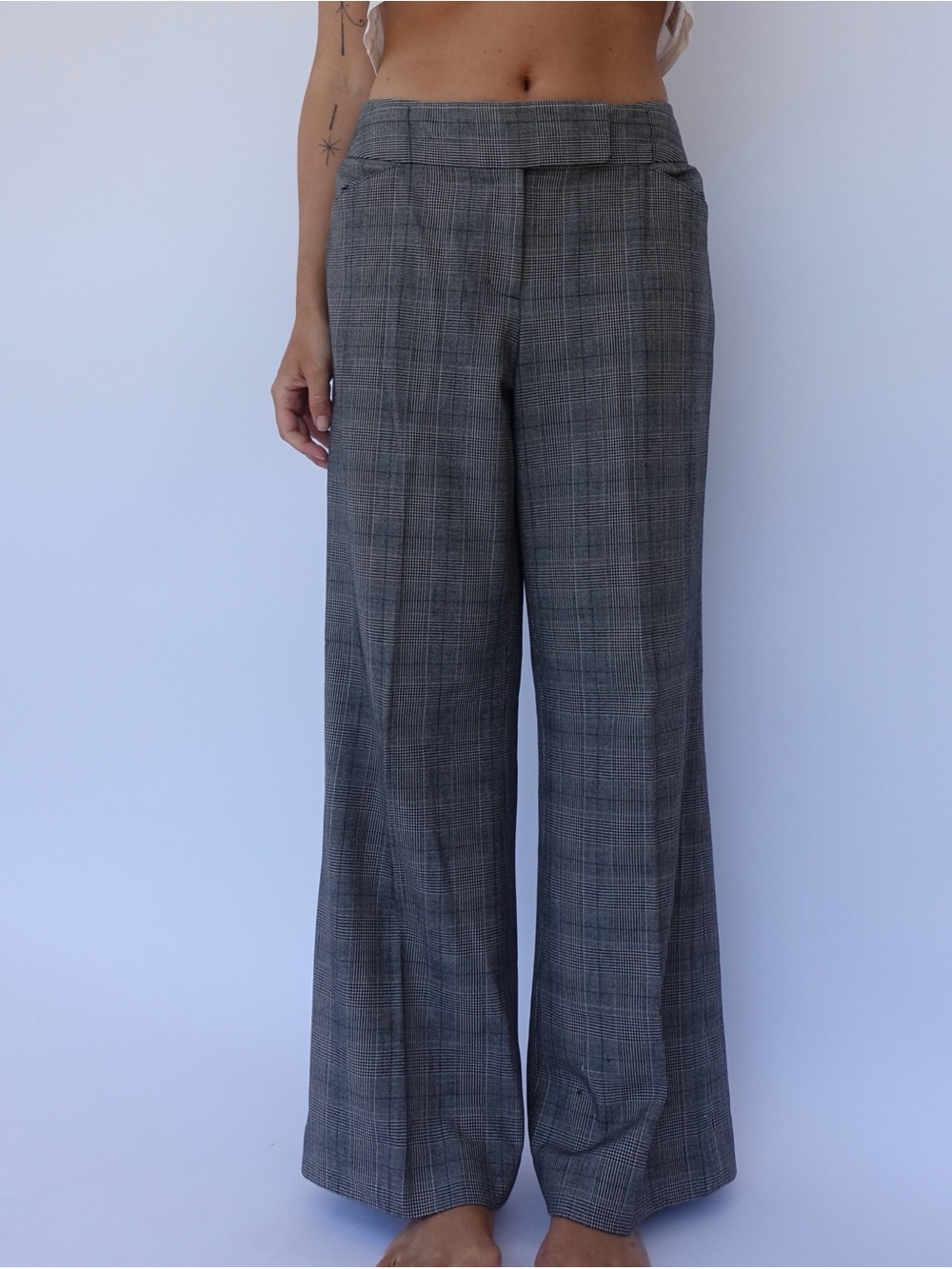 Grey plaid wide leg trouser pants
